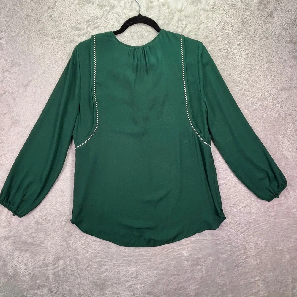 J. Crew Women Blouse Size 8 Green‎ Tassel Whipstitch Split Neck Long Sleeve